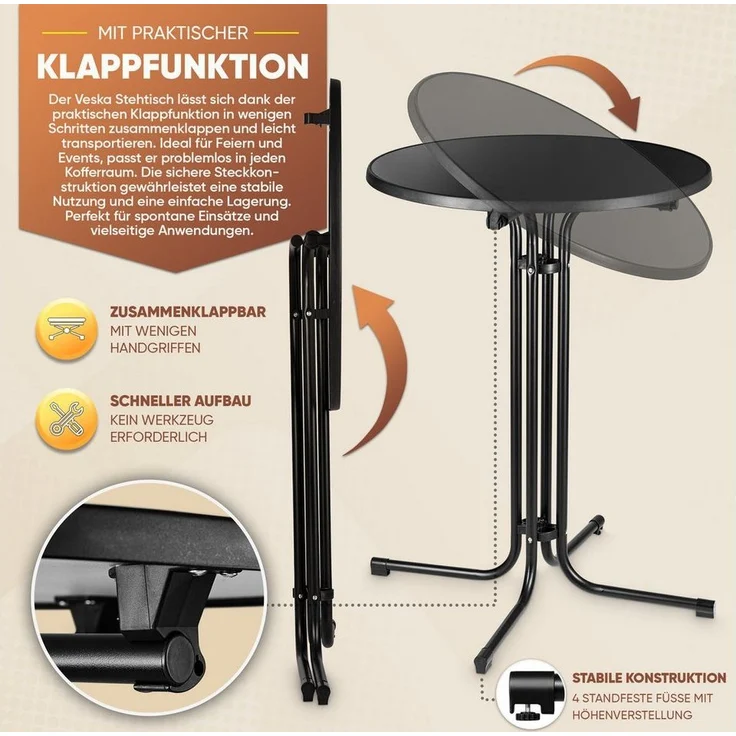 VESKA Stehtisch Ø 80cm inkl. Husse, Gastro Bistrotisch (klappbar Indoor & Outdoor, höhenverstellbare Füße, Klapptisch rund), Partytisch, Empfangstisch, Gartentisch wetterfest – Bild 2