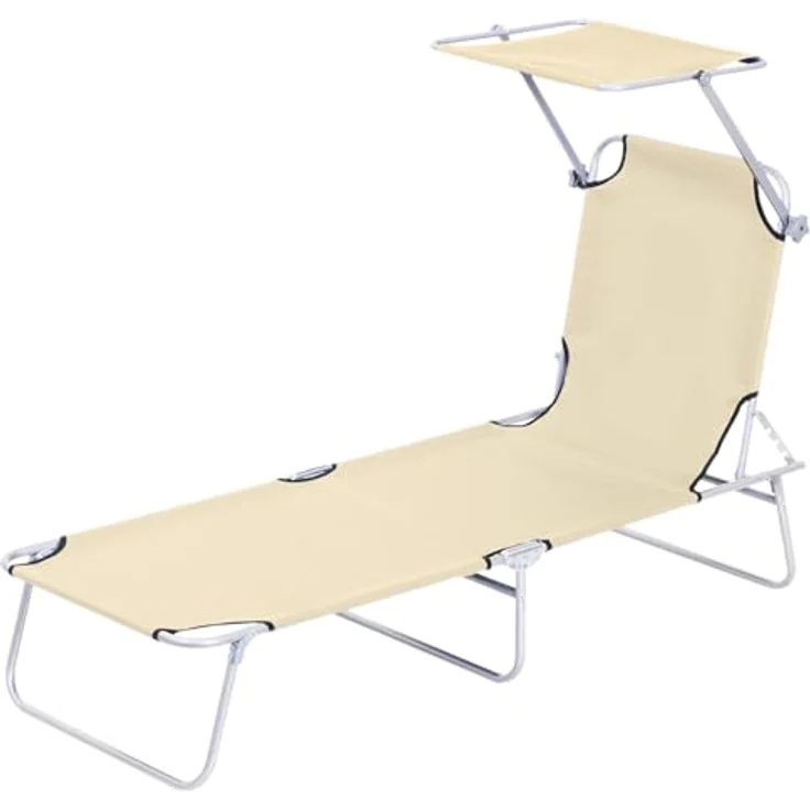 Outsunny Sonnenliege klappbar Gartenliege mit Dach, Liegestuhl mit 4-Fach verstellbare Rückenlehne, wetterfeste Campingliege bis 120 kg belastbar, für Garten Strand Pool, Beige – Bild 1