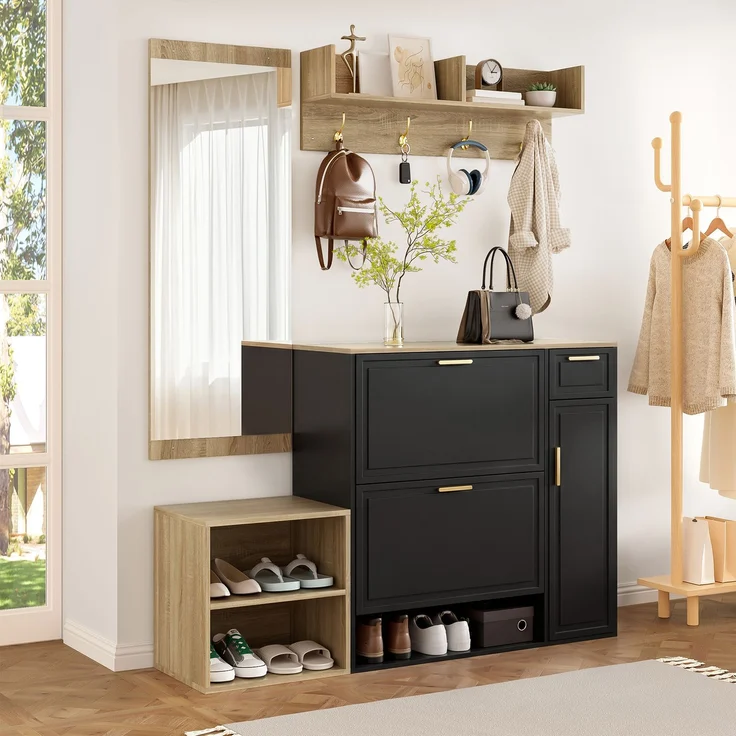 Garderoben-Set 139,5x35x166 cm in Natur/Schwarz mit Schuhschrank, Bank, Paneel, Spiegel – Bild 2