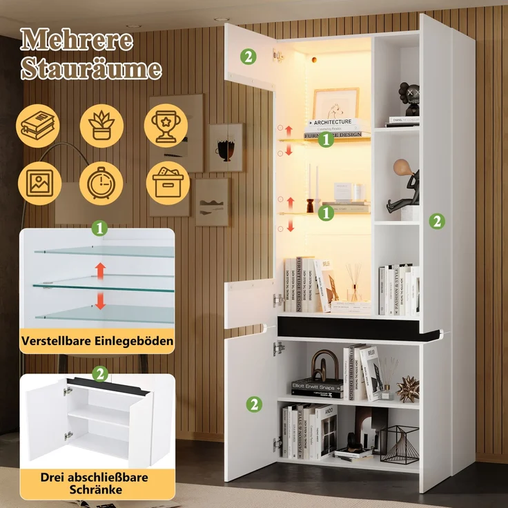 DESVIAE Vitrinenschrank Weiß aus MDF – 80x180x35 cm – LED-Beleuchtung, 4 Türen, 8 Fächer – Bild 4
