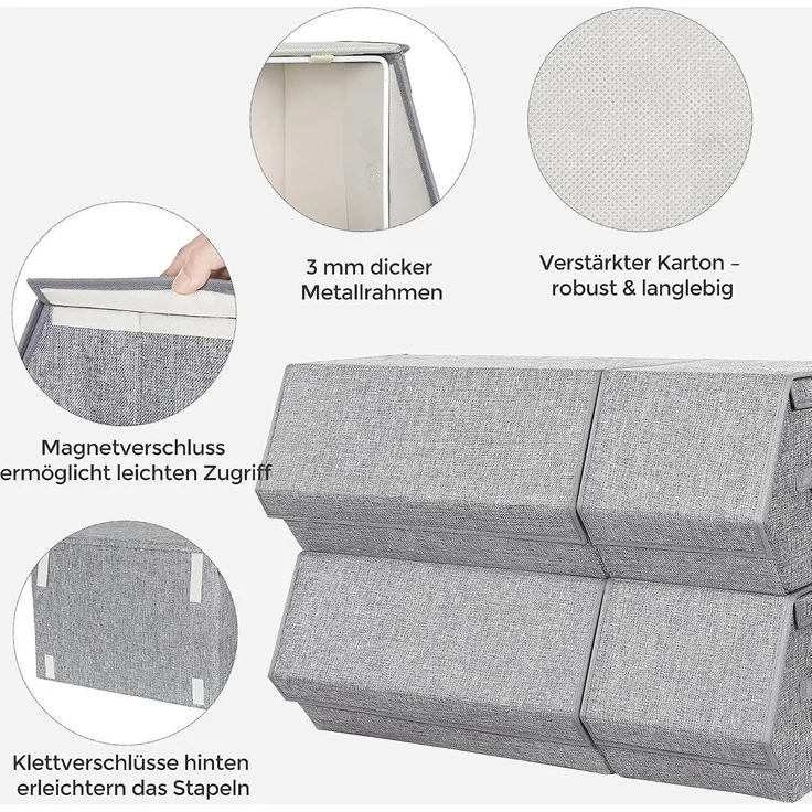 SONGMICS Aufbewahrungsbox mit Deckel, 4er Set Kleiderschrank-Organizer, stapelbar, Faltbox mit Magnetverschluss, Stoffboxen Aufbewahrung, grau – Bild 4