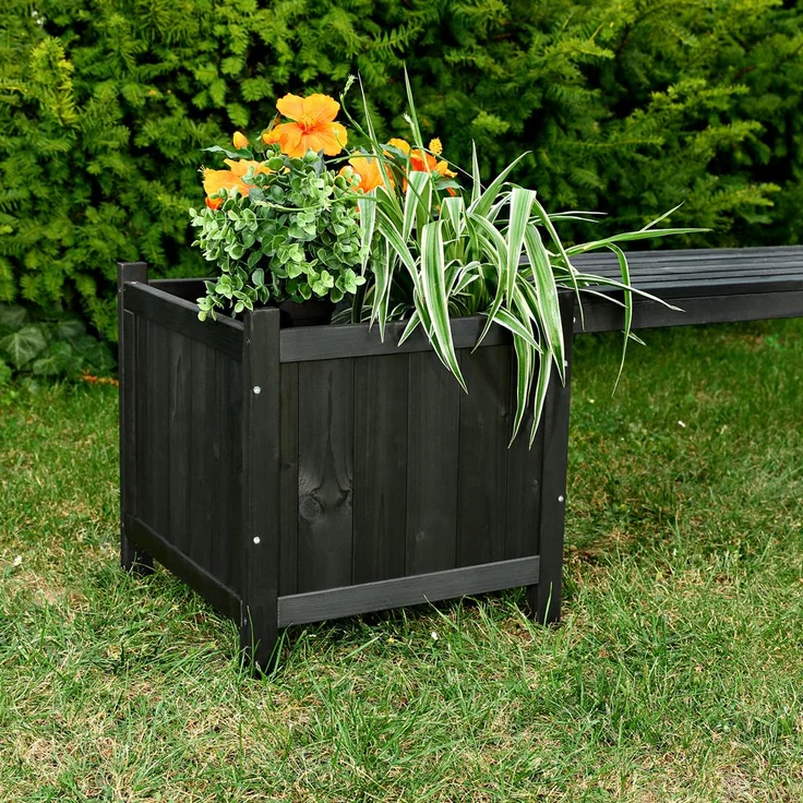 Gartenbank mit 2 Blumenkästen Garten Bank 2in1 Blumenkasten Holzbank schwarz – Bild 2
