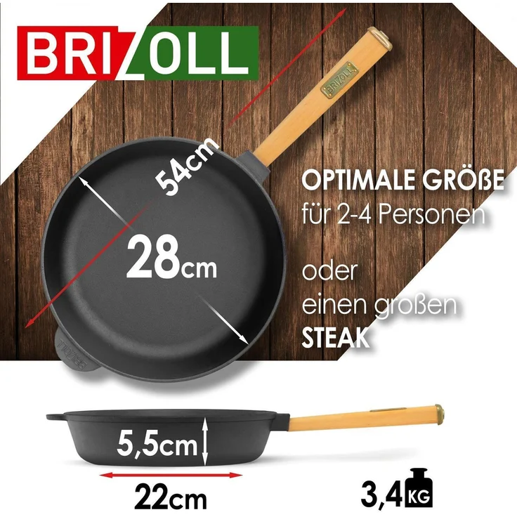 Gusseisenpfanne 28cm Gußeisenpfanne 55mm hoch mit Holzgriff Pfanne aus Gusseisen – Bild 2