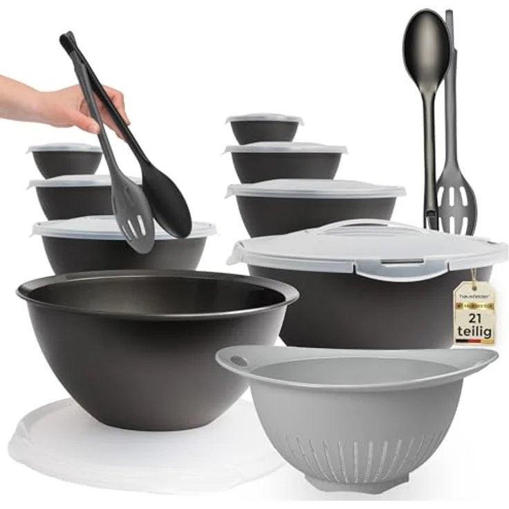 Hausfelder Salatschüssel Set groß, Schüsselset mit Deckel aus Kunststoff BPA-frei, Kunststoff, (Set, 21-tlg), Schüsseln 2x6 L, 2x3,6 L, 2x1,9 L, 2x0,7 L + 2 x Salatbesteck – Bild 2