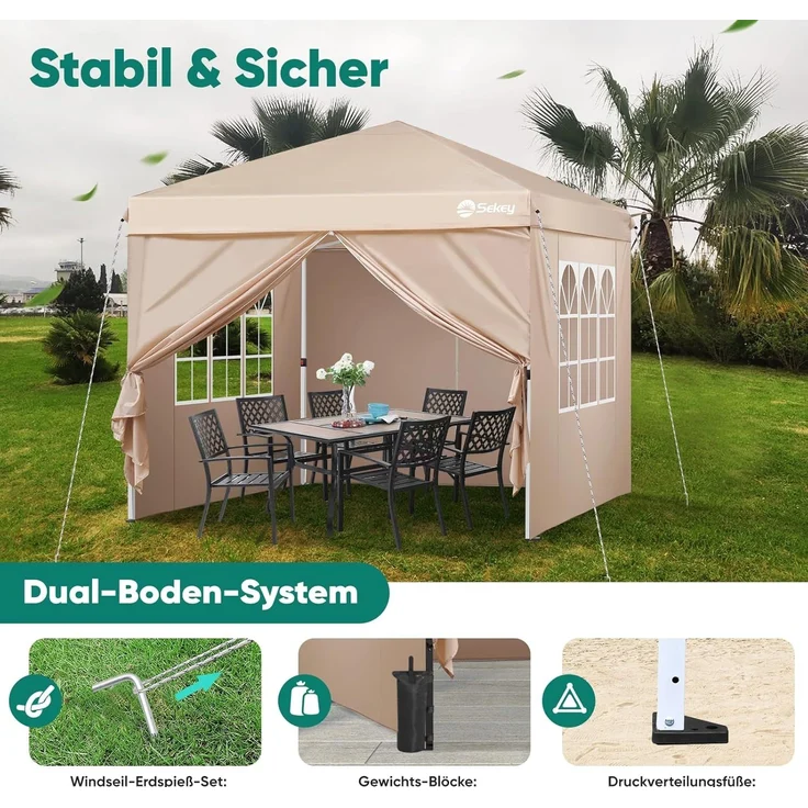Sekey Premium Pop Up Pavillon 3x3 Wasserdicht Stabil, 3 x 3 m Pavillon mit Seitenwänden, Faltpavillon Partyzelt Faltbar für Camping Party, Höhe Verstellbar 250-270cm, (Khaki, Mit Seitenwänden) – Bild 4