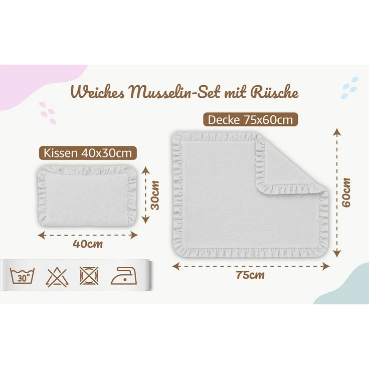 Babydecke Musselin Decke Baby Set 75x60 cm + Kissen 40x30 cm mit Rüschen, Totsy Baby – Bild 2