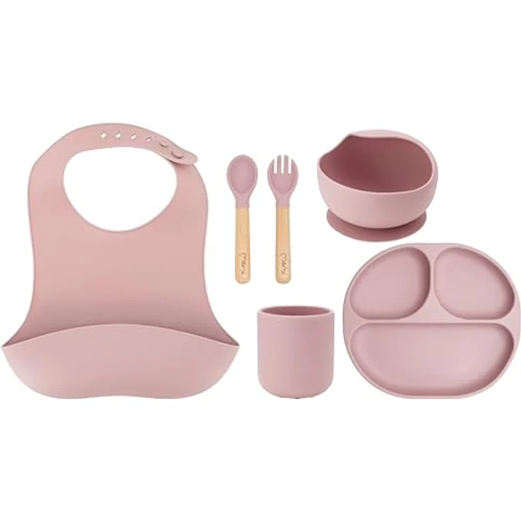 MoMi Kindergeschirr mit Essbesteck AMI, 6-teiliges Set: Lätzchen, Löffel, Gabel, Teller, Schüssel 360 ml, Becher 180 ml, aus Silikon, spülmaschinenfest und mikrowellengeeignet – Bild 1