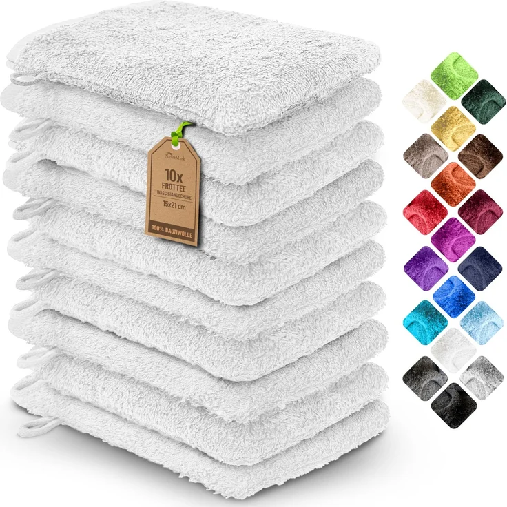 NatureMark 10x Waschhandschuhe aus Frottee 100% Baumwolle – Weich und Robust, Ideal für die tägliche Pflege und Gäste – Weiß, 15x21 cm