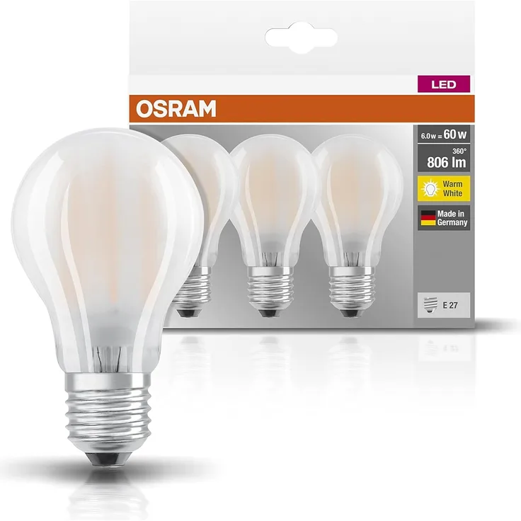 Osram LED Base Classic A, in Kolbenform mit E27-Sockel, Nicht Dimmbar, Ersetzt 60 Watt, Matt, Warmweiß - 2700 Kelvin, 3er-Pack