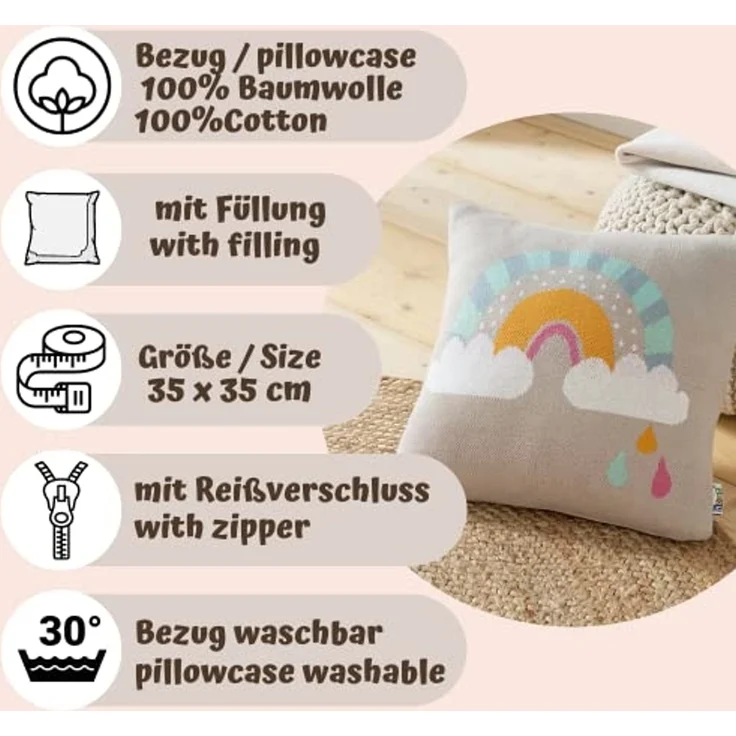 howa Dekokissen be happy, Strickkissen Kinderzimmer Deko mit Füllung für Kinder, Baumwolle – Bild 3