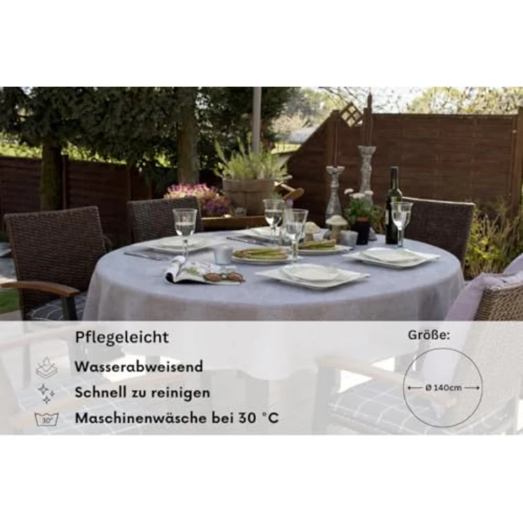 Brandsseller Gartentischdecke Ø 140 cm Tischdecke mit Paspel Outdoor Tischtuch rund Weichschaum für Garten, Terrasse, Balkon wetterfest rutschfest - Hellgrau – Bild 3