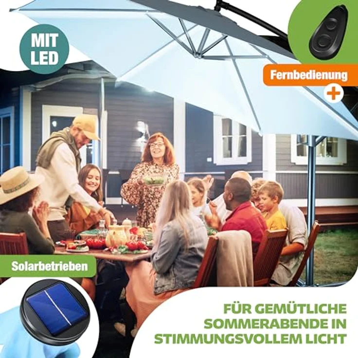 KESSER® Alu Ampelschirm LED Solar + Abdeckung mit Kurbelvorrichtung UV-Schutz Aluminium mit An-/Ausschalter Wasserabweisend - Sonnenschirm Schirm Gartenschirm 350cm, Hellblau – Bild 9