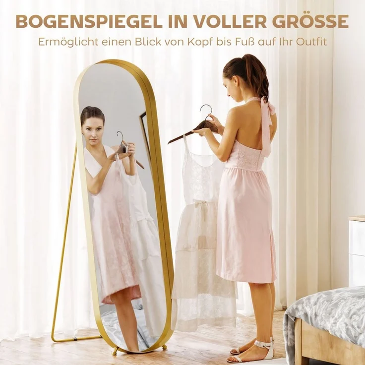 HOMCOM Standspiegel rechteckiger Ganzkörperspiegel mit abgerundeten Ecken (für Schlafzimmer, Wohnzimmer, 1-St, zum Aufstellen auf dem Boden oder an die Wand), 40 x 6 x 160 cm, Gold – Bild 3
