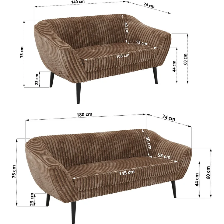 Skandinavisches Sofa Set PIRS 3-2, Komplettset, Wellenfederung, schwarze Füße, Sitzgruppe, Polstermöbel Set - Braun Cord – Bild 5