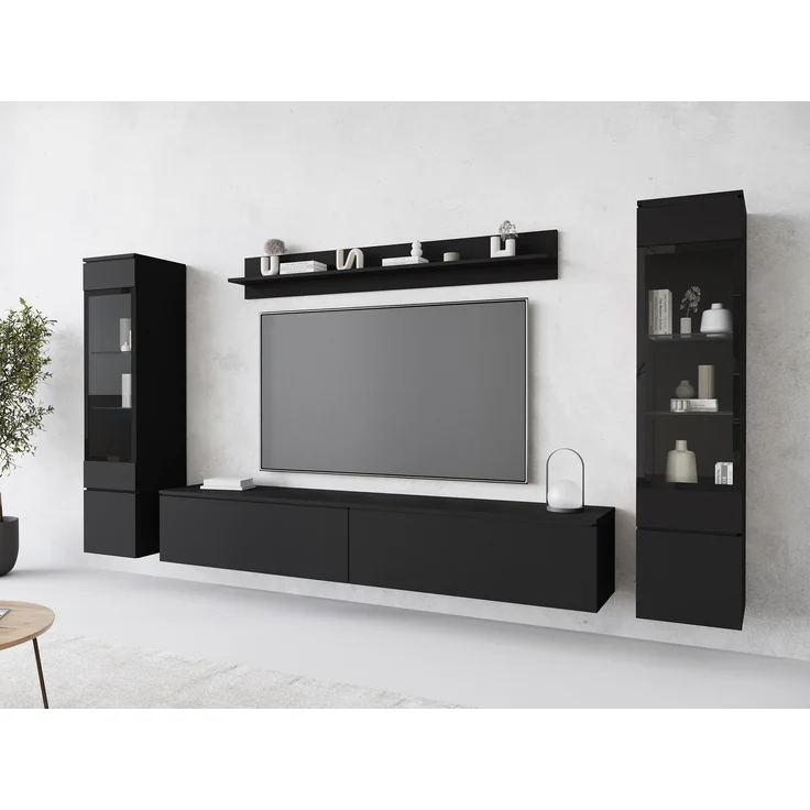 Wohnwand Doppo II, Wandregal, TV-Lowboard, 2x Hängevitrine, LED Beleuchtung (Farbe: Schwarzer Graphit) – Bild 2