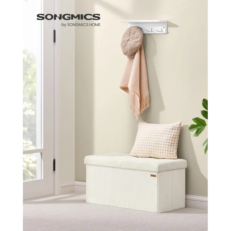 SONGMICS Sitzhocker mit Stauraum, klappbare Sitzbank, 38 x 76 x 38 cm Fußbank, Bettbank, Aufbewahrungsbox, bis 300 kg belastbar, Wohnzimmer, Schlafzimmer, Eingangsbereich, cremeweiß – Bild 2