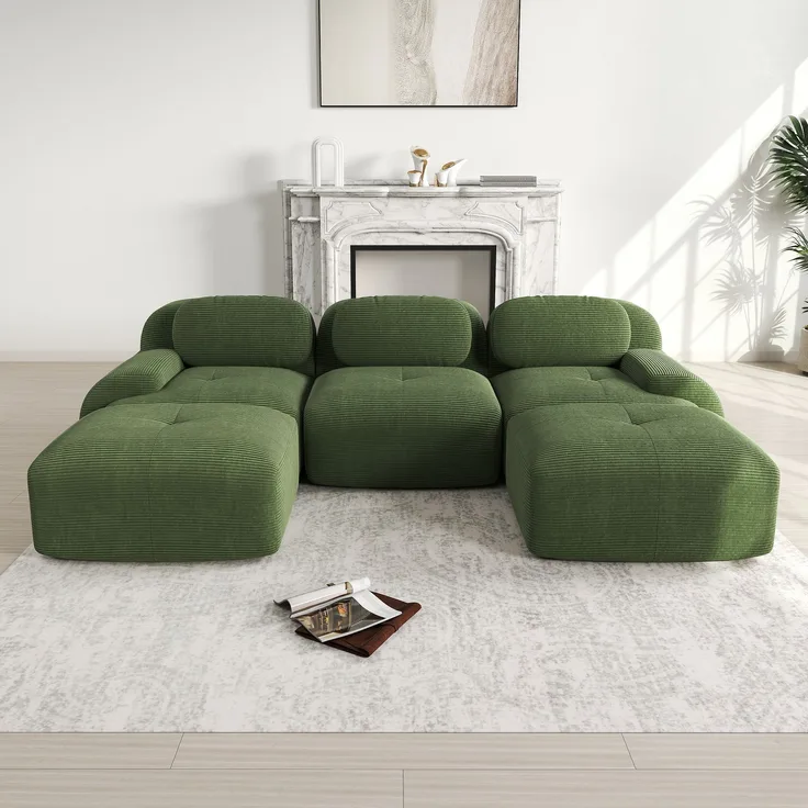 U-Sofa, Modulares aus Premium-Cordstoff ohne Montage rutschfest und haustierfreundlich extra-breite Armlehnen 32D hochelastische Polsterung für Wohnzimmer Schlafzimmer und Büro, Cordstoff, Green