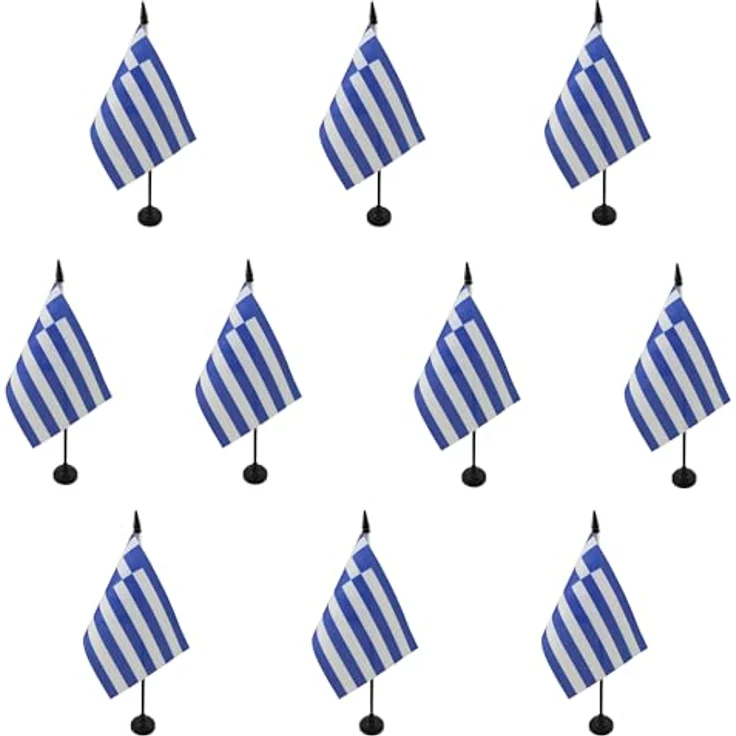 AZ FLAG - 10 Tischflagge Griechenland – 15 x 10 cm – 10 griechische Mini-Flaggen für Büro, 100% Polyester, mit Fahnenstange von 25 cm und Sockel aus schwarzem Kunststoff – Bild 1