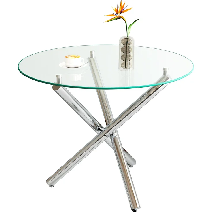 Runder Esstisch 80x80x76 cm aus Glas und Metall, silberfarben, mit stabilem Kreuzfuß – Bild 7