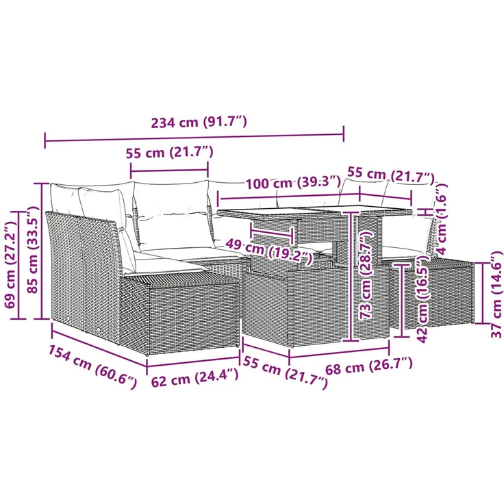 vidaXL Sofa Set 7 stk. 6-Sitzer Schwarz und Blau Poly-Rattan 3349122 – Bild 11