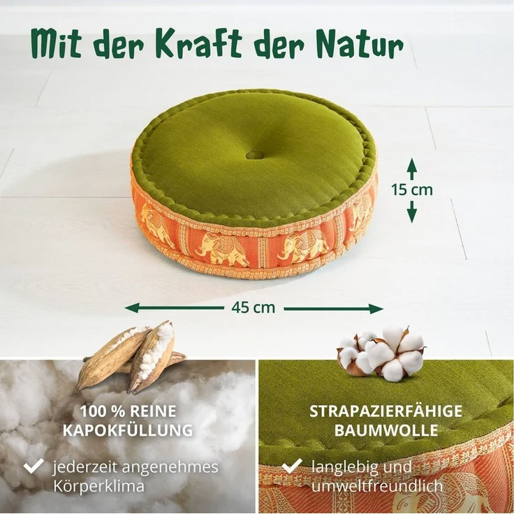 livasia Meditationskissen Zafukissen groß (Deluxe) - 45x15cm, Kapok, vegan, handgefertigt – Bild 4