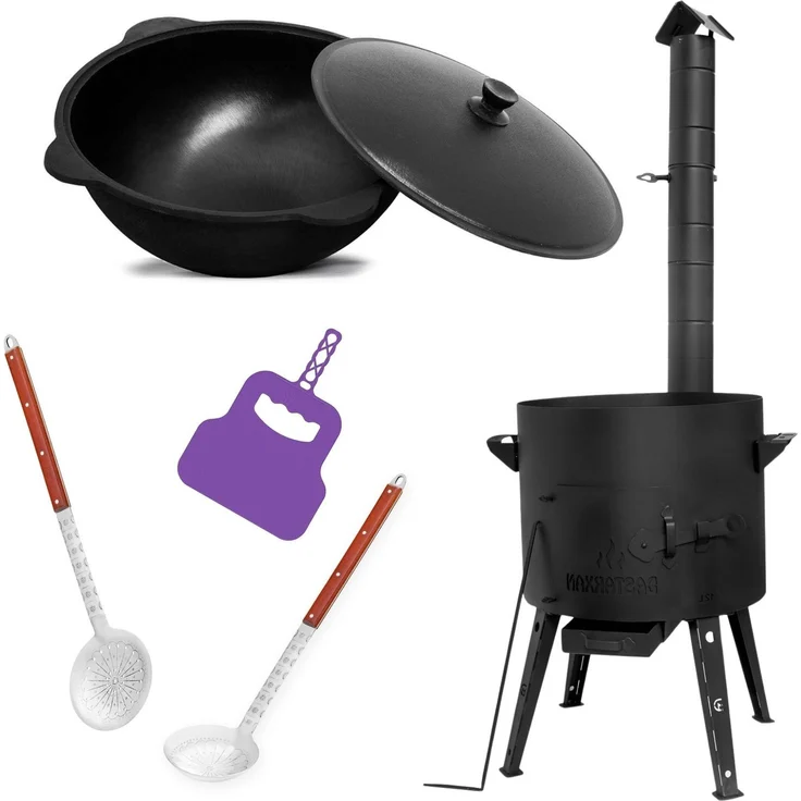 Utschag Ø44 2mm Stahl mit Abzugsrohr 16L Kazan Grillfächer Schaumkelle Suppenkelle Utschak Kasan Feldküche Außenküche Eintopfofen Gulaschkanone – Bild 1