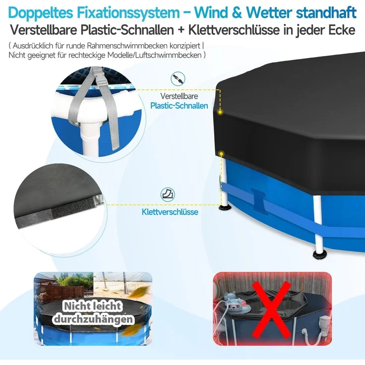 Sekey Poolabdeckung Rund 305 cm – Passend für Runde Stahlrahmenbecken | Verstellbare Schnallen & Klettverschlüssen | Wind- & Staubdicht | Reißfestes Hochdichtes Abdeckplane | Schwarz – Bild 3