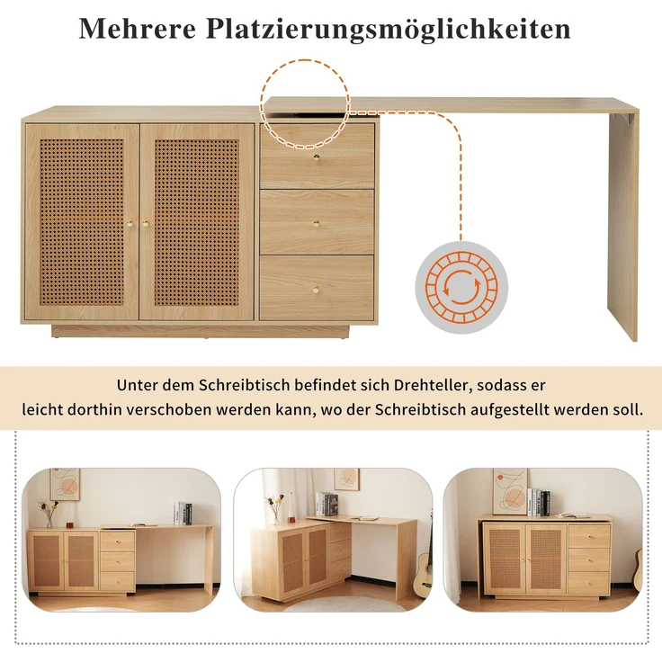 Schreibtisch mit 360°-Schwenkfunktion, MDF in Naturholzfarbe mit Rattan-Optik und Stauraum,75x126x40 cm – Bild 8