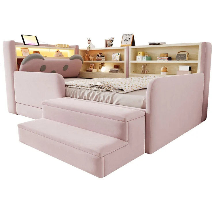 ZUBALIYA Polsterbett, mit Schubladen, mit Stauraum, mit LED-Beleuchtung, mit USB-Anschluss, inklusive Lattenrost, Liegefläche 90 × 200 cm, H 85 × T 218 × B 108.5 cm, Rosa, Samt – Bild 11