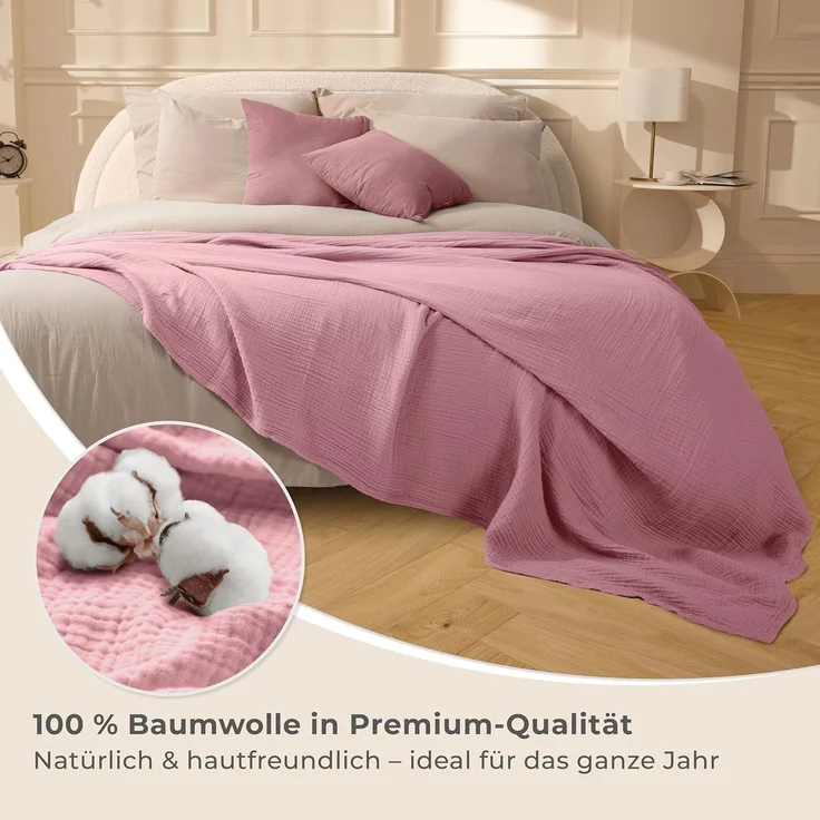 LAYNENBURG Premium Musselin Tagesdecke 220x240 cm XXL - 100% Baumwolle - extraweiche Baumwolldecke als Kuscheldecke, Bett-Überwurf, Sofa-Überwurf, Couch-Überwurf - warme Sofa-Decke (Altrosa) – Bild 4