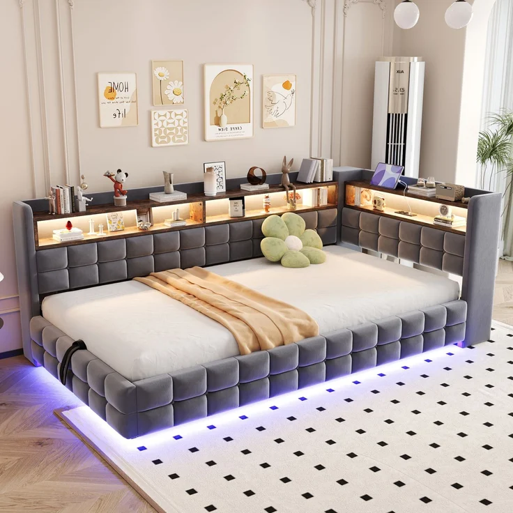 Polsterbett Liegefläche 90×200 cm mit Bettkasten, LED und Steckdose, Grau, ohne Matratze – Bild 3
