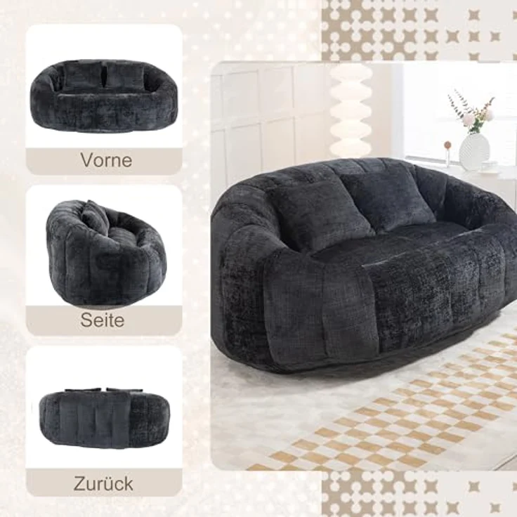 Ball & Cast Sitzsack, Durable Komfort Chenille Lazy Bag, Beanbag Chair mit 2 Kissen für Schlafzimmer, Büro, Schwarz, 2 Sitze – Bild 6