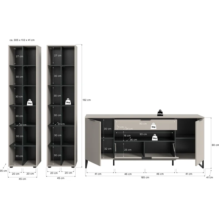 Wohnkombination B/H/T: 305x192x41 cm in Kaschmir Nachbildung und schwarz – Bild 4