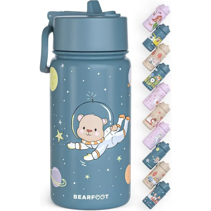 BEARFOOT Trinkflasche Thermo Kinder Trinkflasche Edelstahl - Astro Bär blau, Thermosflasche, auslaufsicher, Edelstahl, Kinderflasche, BPA-frei