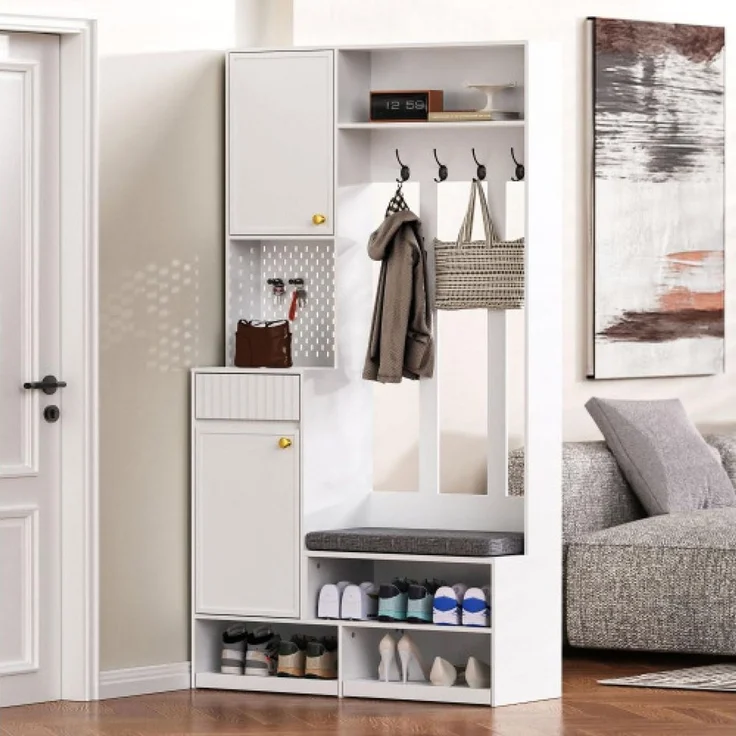 BBWL Garderobenschrank Garderobenset mit Sitzbank und Stauraum – Flurgarderobe mit 4 Haken Türen, Schubladen & Lochwand, MDF, 100x180x35 cm – Bild 3