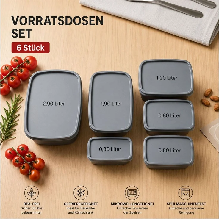 Jungengel Frischhaltedose Vorratsdosen Set 6-teilig Stapelbar Aufbewahrungsdosen Gefrierdosen, (Vorratsdosen-Set, 6-tlg, 6 passende Deckel, 6x Vorratsdosen in unterschiedlichen Größen), BPA-Frei, Gefriergeeignet bis -25 °C, Hitzebeständig bis ca. +95 °C – Bild 3