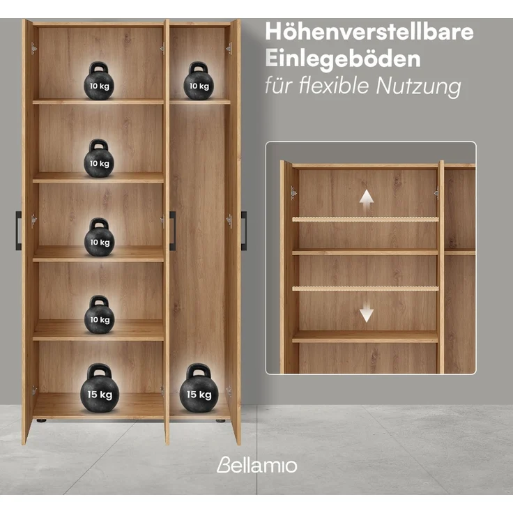 Bellamio 'Apol' Mehrzweckschrank, Eichenoptik, 176x33x90 cm, Putzschrank mit 3 Türen und 5 Regalen, Besenschrank mit Staubsaugerfach – Bild 4