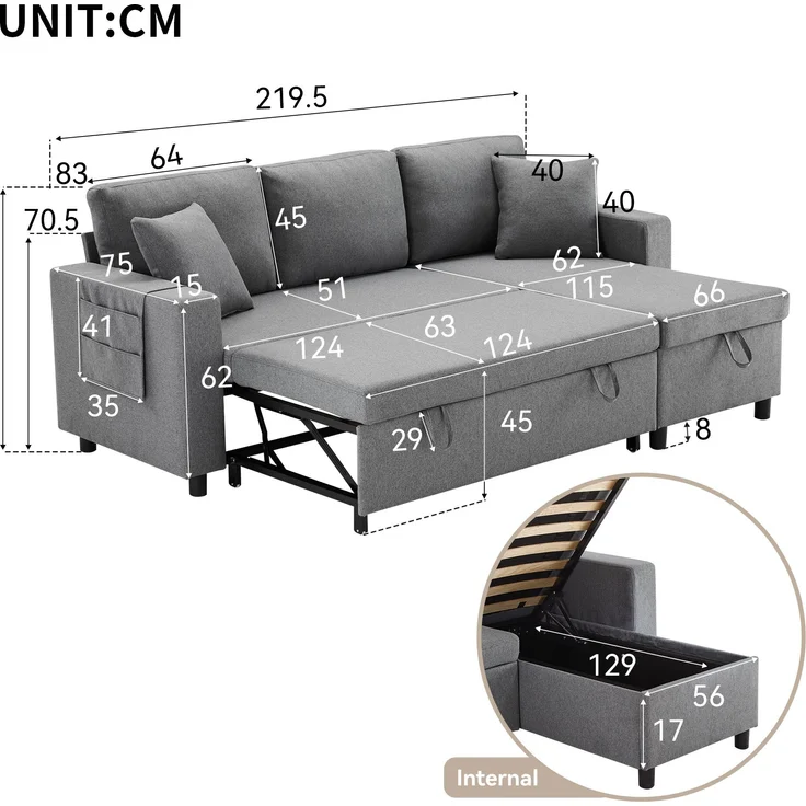 Multifunktions Sofa mit verstellbarer Chaiselongue & Staufach, Leinen, 219,5x142,5x83 cm, Dunkelgrau – Bild 9