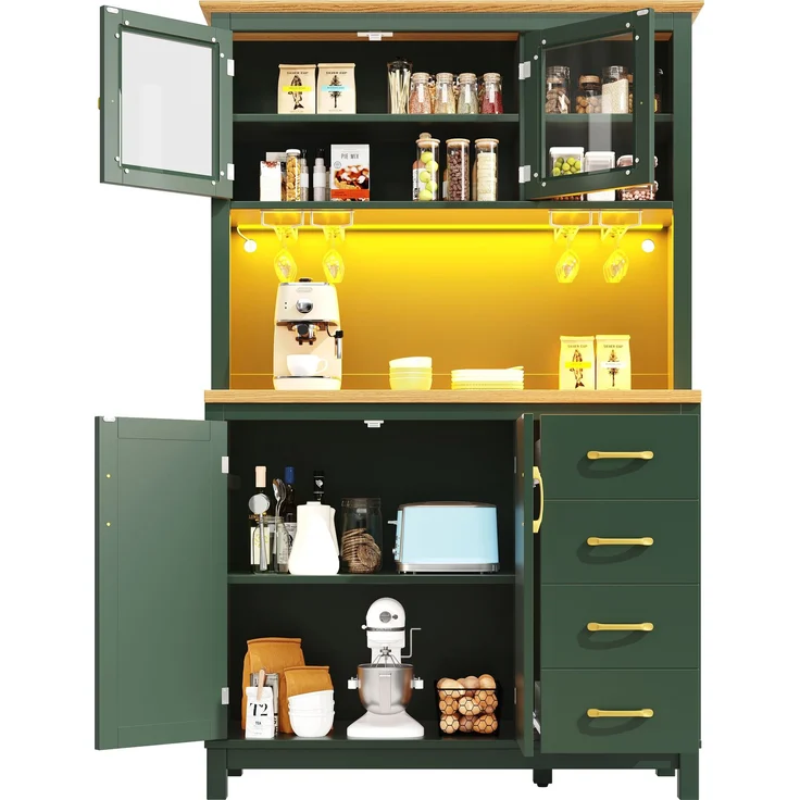 Seitenboard / Aufbewahrungsschrank / Küchenschrank / Buffetschrank, 105.5x40x180cm, Landhausstil, 4 Türen, mit LED-Lichtleiste & Getränkehaltern, Grün/Schwarz/Weiß--Grün--105.5x40x180cm--YOUDENOVA – Bild 7