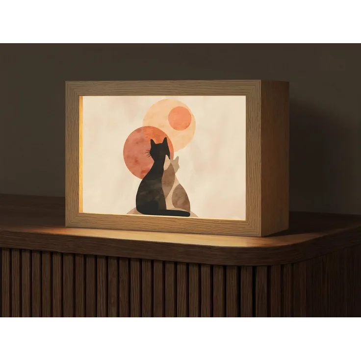 OnlyWow Tischleuchte Lightbox Katzen - Schwarz - Abstrakt - Kreise, Dimmbar, Farbwechsel, LED, Warmweiß, Kaltweiß, Neutralweiß Einstellbar, Tischlampe, Schreibtischlampe, Desk, Dimmbar, mit Kabel, LED