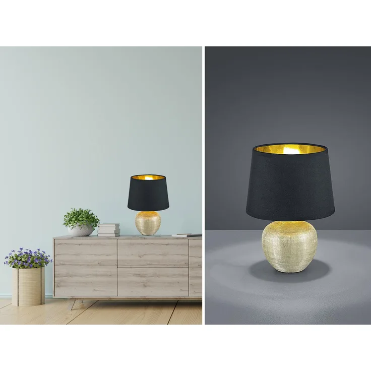 LED Tischleuchte Keramik mit Stoffschirm Schwarz innen Gold, Höhe 26cm