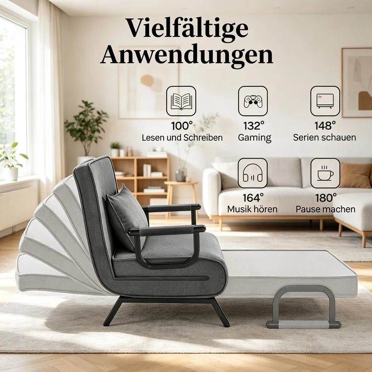 Sessel 80x74x82 cm, 1 Stück, 3-in-1 Cabriolet-Schlafstuhl, dunkelgrau – Bild 3