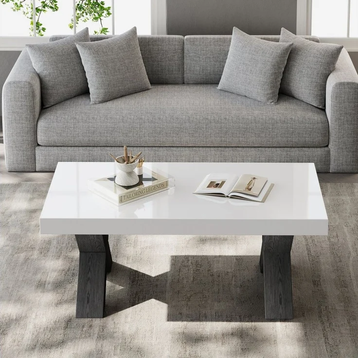 BBWL Couchtisch mit Hochglanzplatte, X-Beinen, MDF, moderner Wohnzimmertisch, Rechteck Couchtisch, Beistelltisch Weiß Schwarz 100x50x40cm – Bild 3