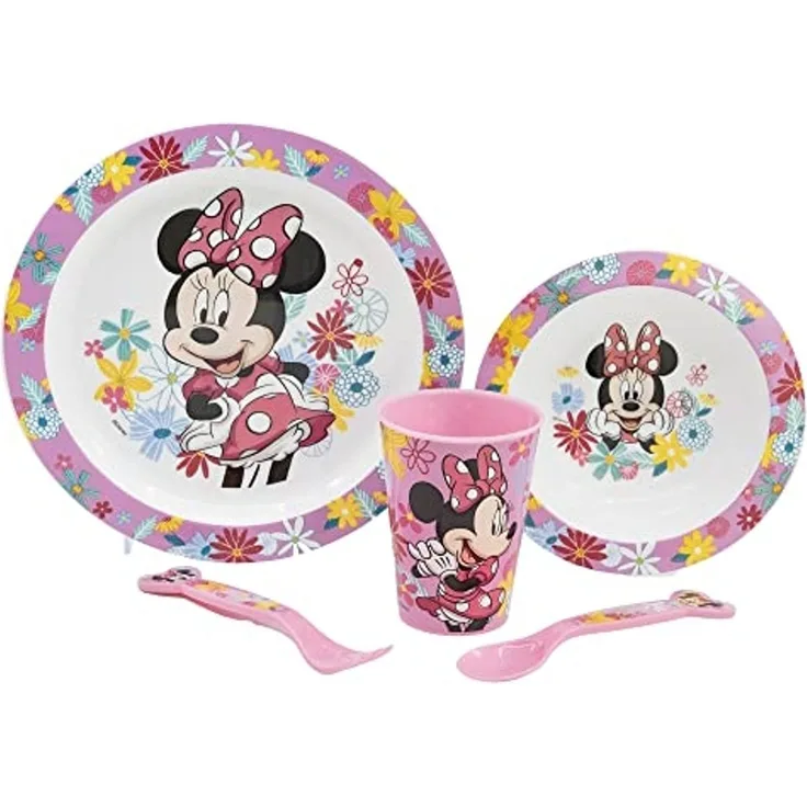 Kunststoff Kindergeschirr Set Motiv (5 tlg.) Schüssel, Teller, Becher & Besteck Minnie Mouse