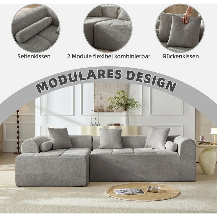 Vankel Ecksofa Modulares Chenille-Ecksofa mit tiefer Sitzfläche & Komfortpolsterung – Bild 3
