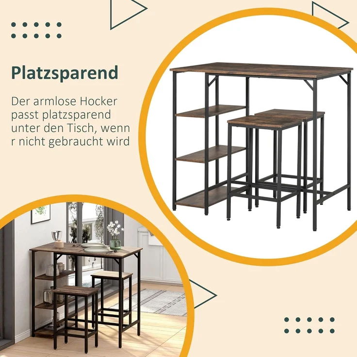 HOMCOM Bartisch Bartisch-Set mit 2 Barhockern – Bild 3