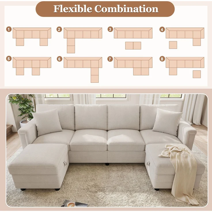 Flieks 4-Sitzer Modulsofa mit 2 Stauraumhockern, USB & USB-C, L- oder U-Form Polstersofa, 261 x 134 x 82 cm, Chenille, Beige – Bild 6