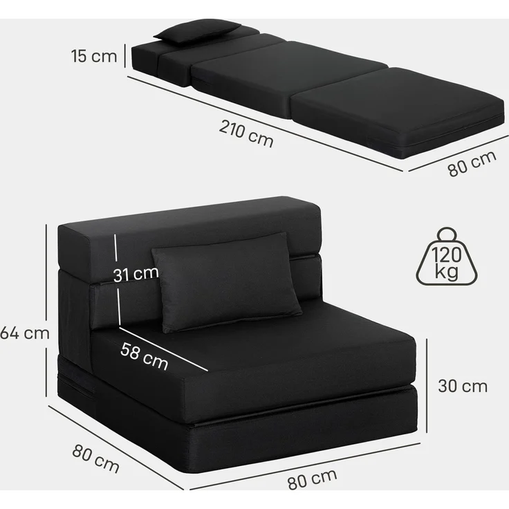 JARDJ Verwandlungssessel, 1-Sitzer-Klappstuhl/Bett, inklusive Kissen, für Gäste, Wohnzimmer, kleine Räume, 120 kg Belastbarkeit, schwarz – Bild 5