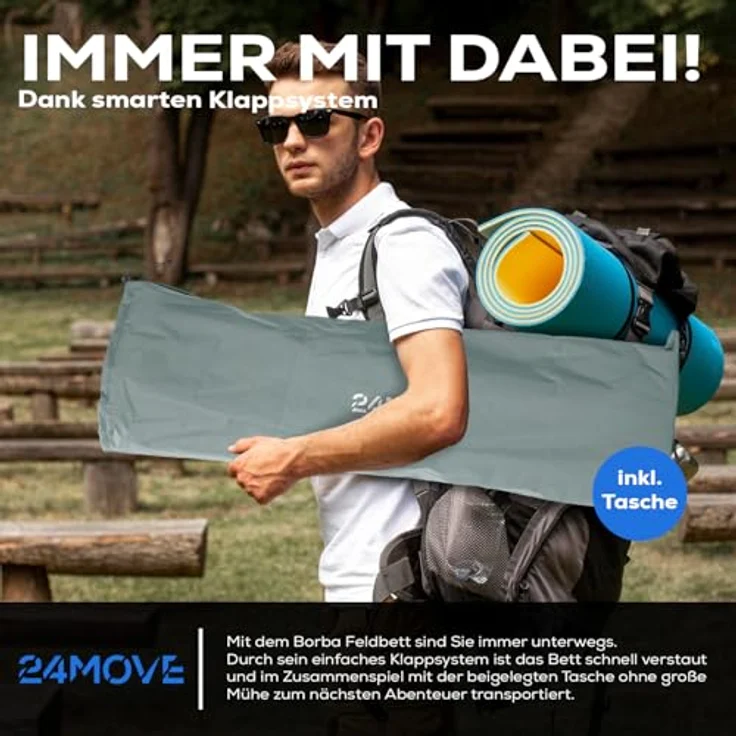 24Move Regal Feldbett, Gartenliege, Campingbett bis 150 kg, klappbar, zelten, grau, wasserabweisend, inkl. Seitentasche – Bild 4