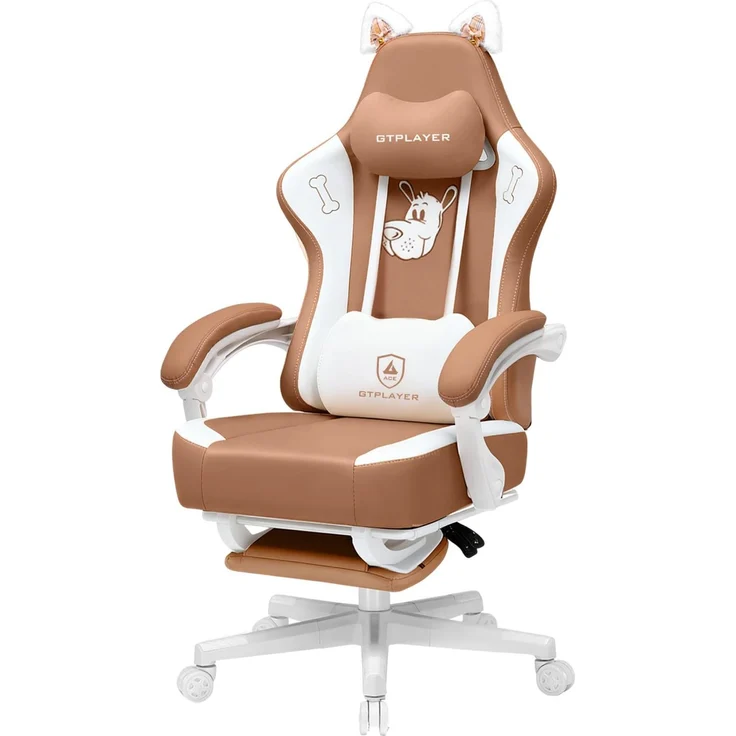 GTPLAYER Niedlicher Gaming Stuhl, Gaming Chair, ergonomischer Bürostuhl Gamer Stuhl mit Katzenohren, Memory-Schaum und Fußstütze, 150kg, Kunstleder-Braun